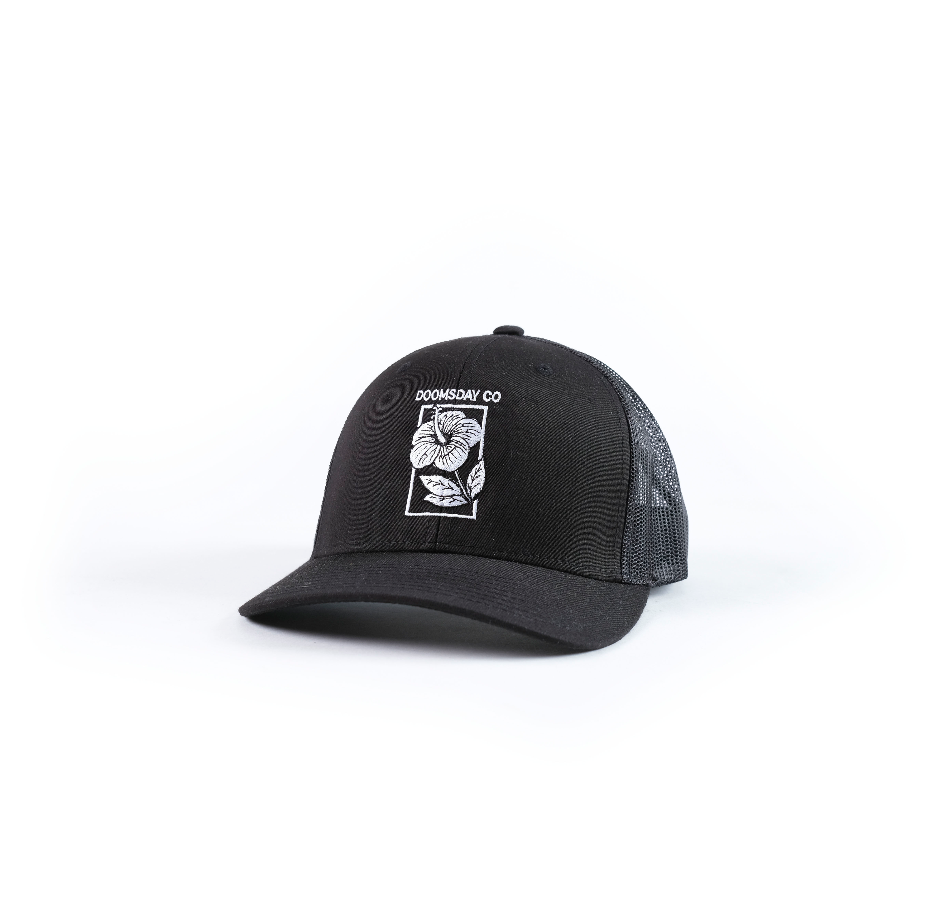 Hibiscus design embroidered onto a Trucker Cap - doomsdayco Hibiscus Trucker Cap
