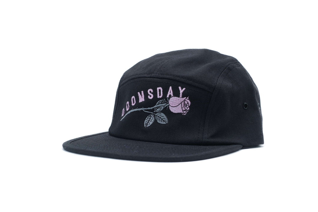 Rose design embroidered onto Black 5 Panel Cap - doomsdayco Rose Black 5 Panel Cap front