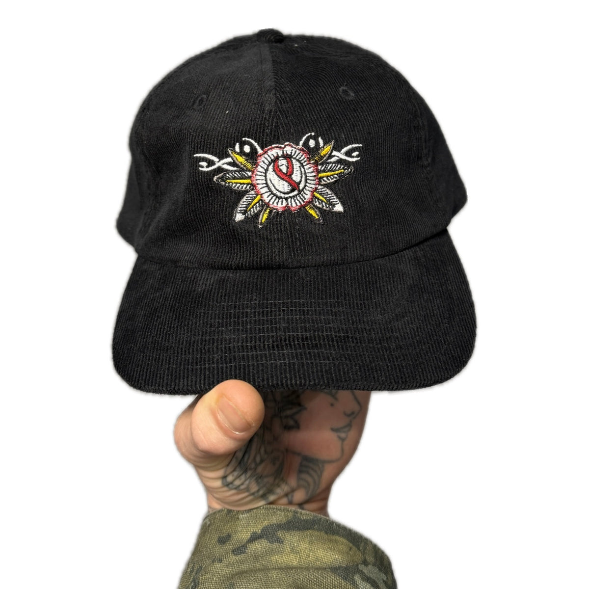 Black Corduroy Tribal Rose dad cap