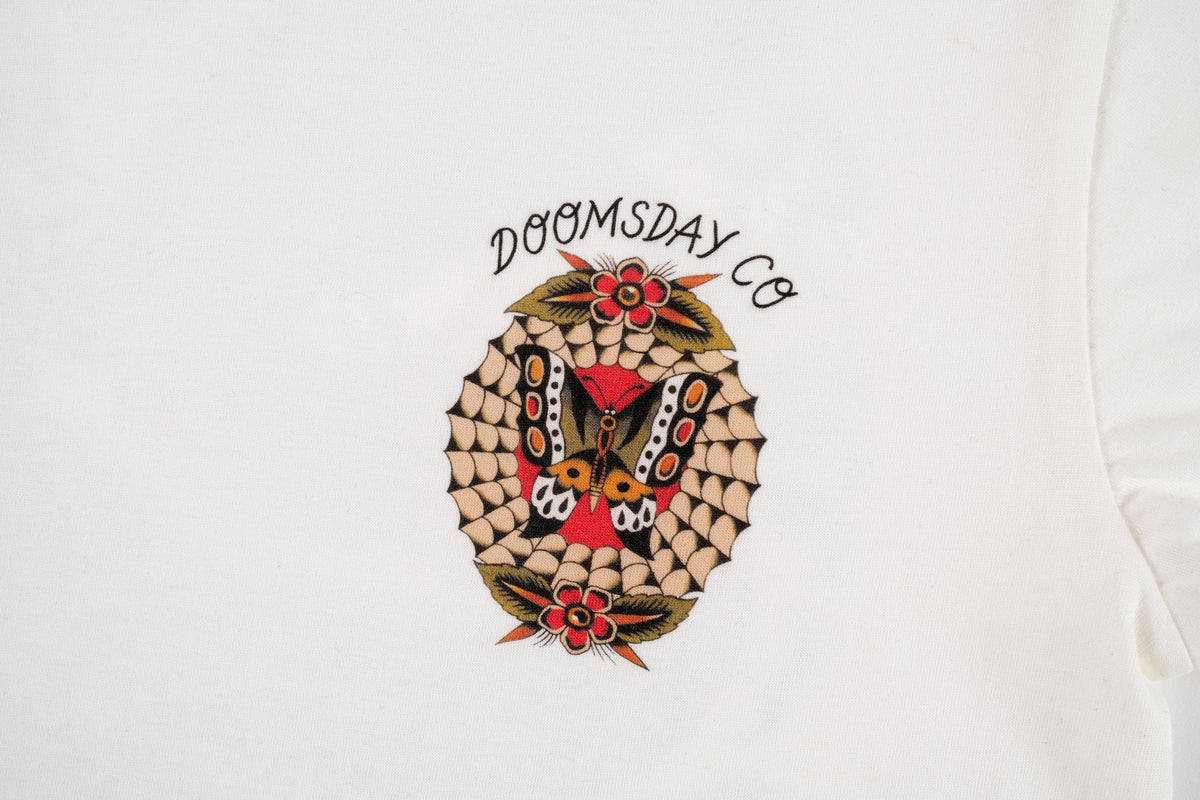 Samantha Fung Dragon design printed onto an Off White T-shirt - doomsdayco Samantha Fung Dragon Off White T-shirt close up