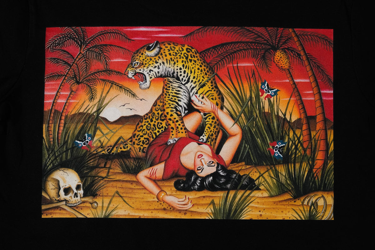 Taryn Tiger design on Black T-shirt - doomsdayco Trayn tiger tshirt close up