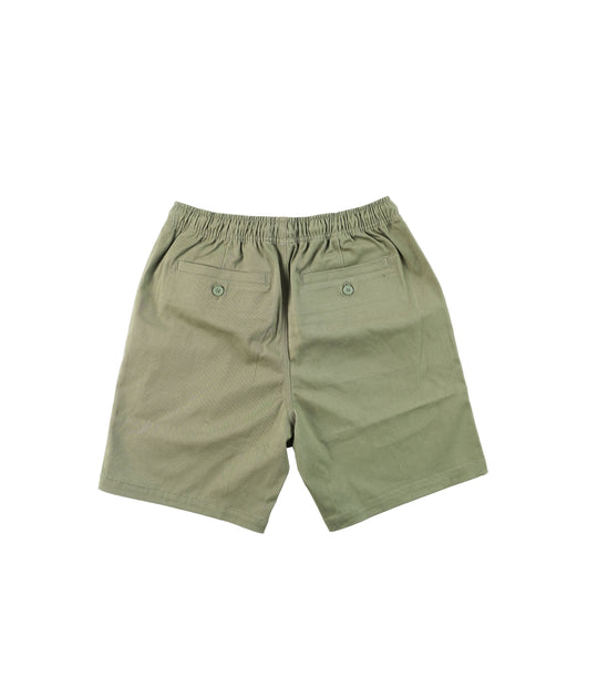 Military Green walk shorts with burgundy and gold embroidery and adjustable pull cord waist -  doomsdayco green embroidered peony shorts front