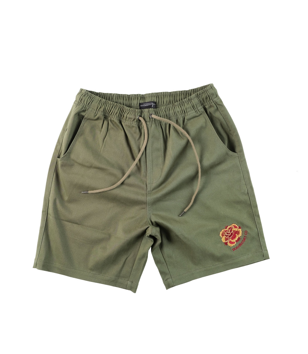 Military Green walk shorts with burgundy and gold embroidery and adjustable pull cord waist -  doomsdayco green embroidered peony shorts front