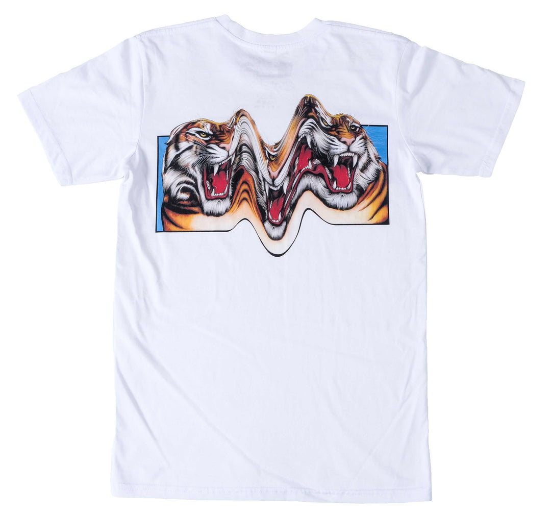 Trippy tiger design printed on a white tshirt back - doomsdayco trippy tiger white tshirt