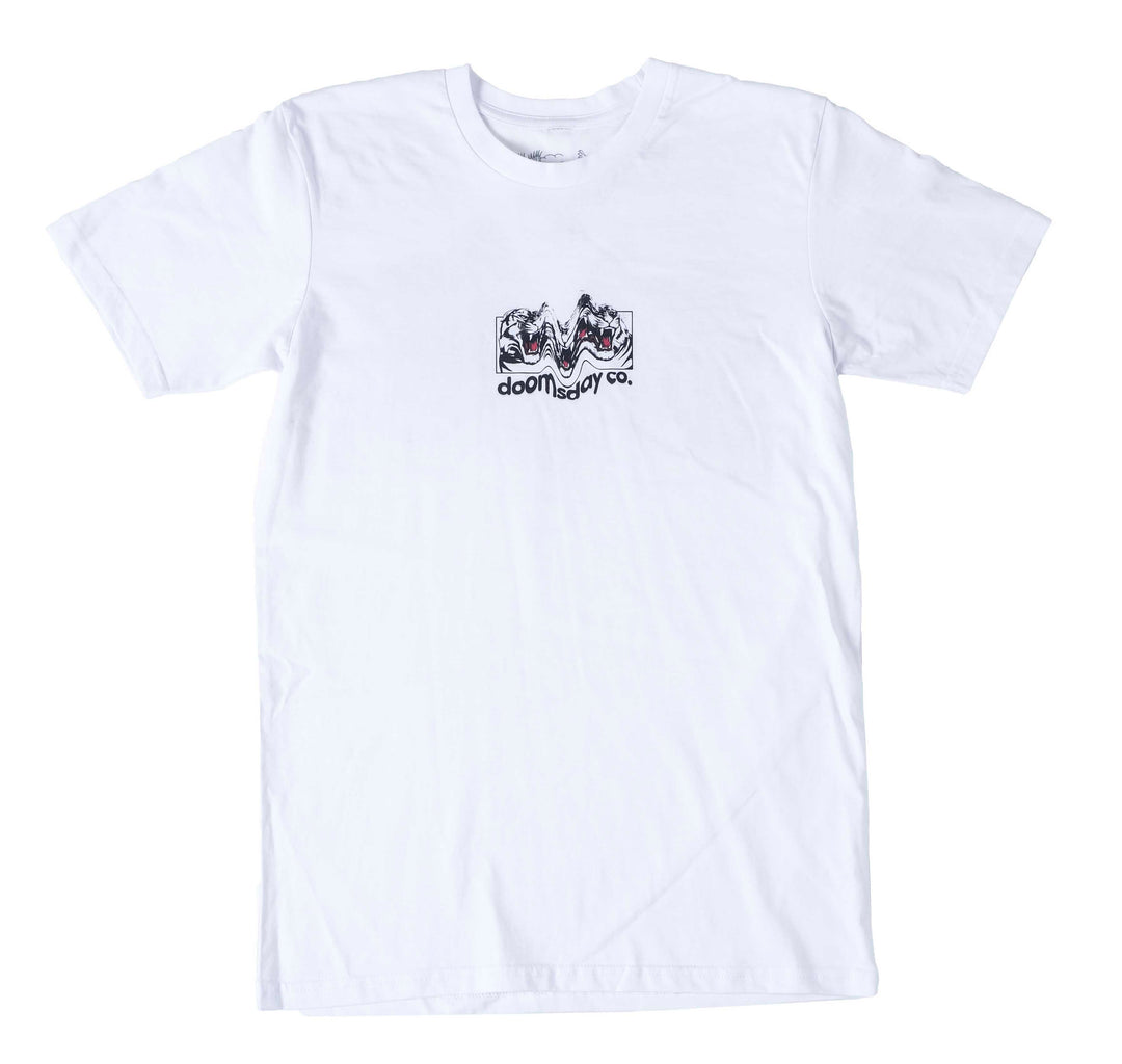 Trippy tiger design printed on a white tshirt front - doomsdayco trippy tiger white tshirt