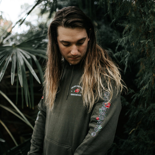 Rose Sleeve Embroidered hoodie Army Green