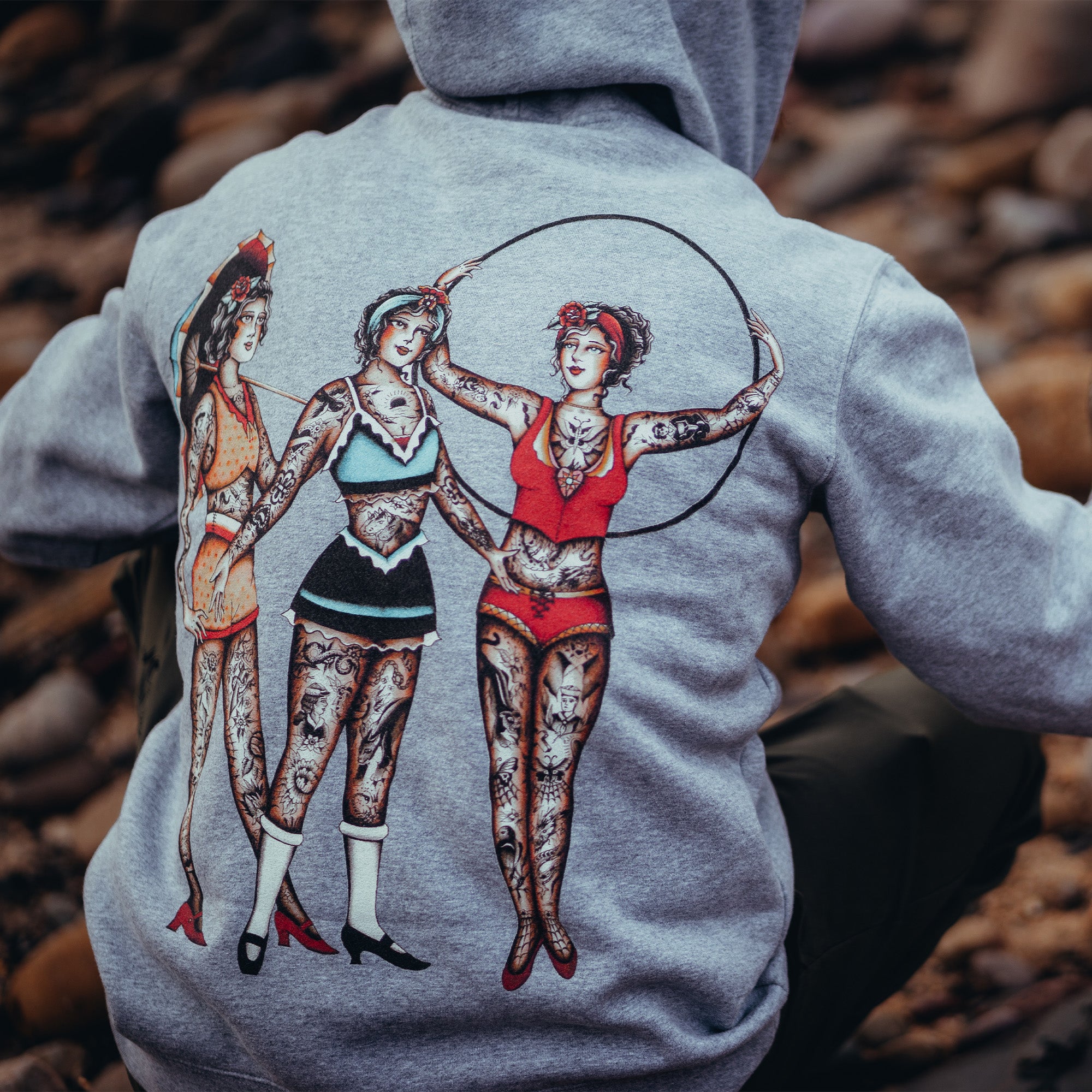 Circus Ladies Charcoal Hoodie | Acid Wash Hoodie | Tattoo Inspired