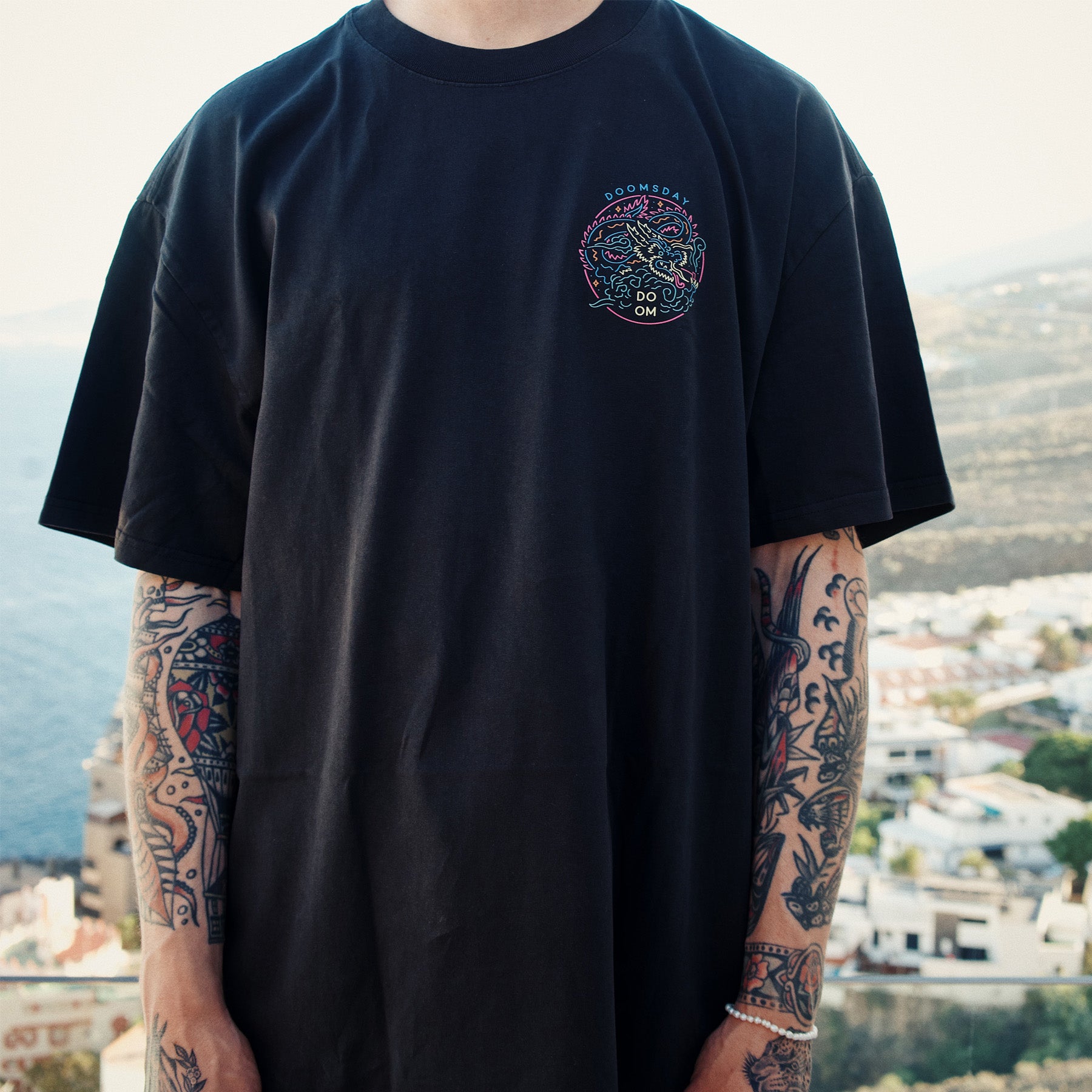 Heavy faded black Neon Dragon Tshirt ‐ Doomsday Co