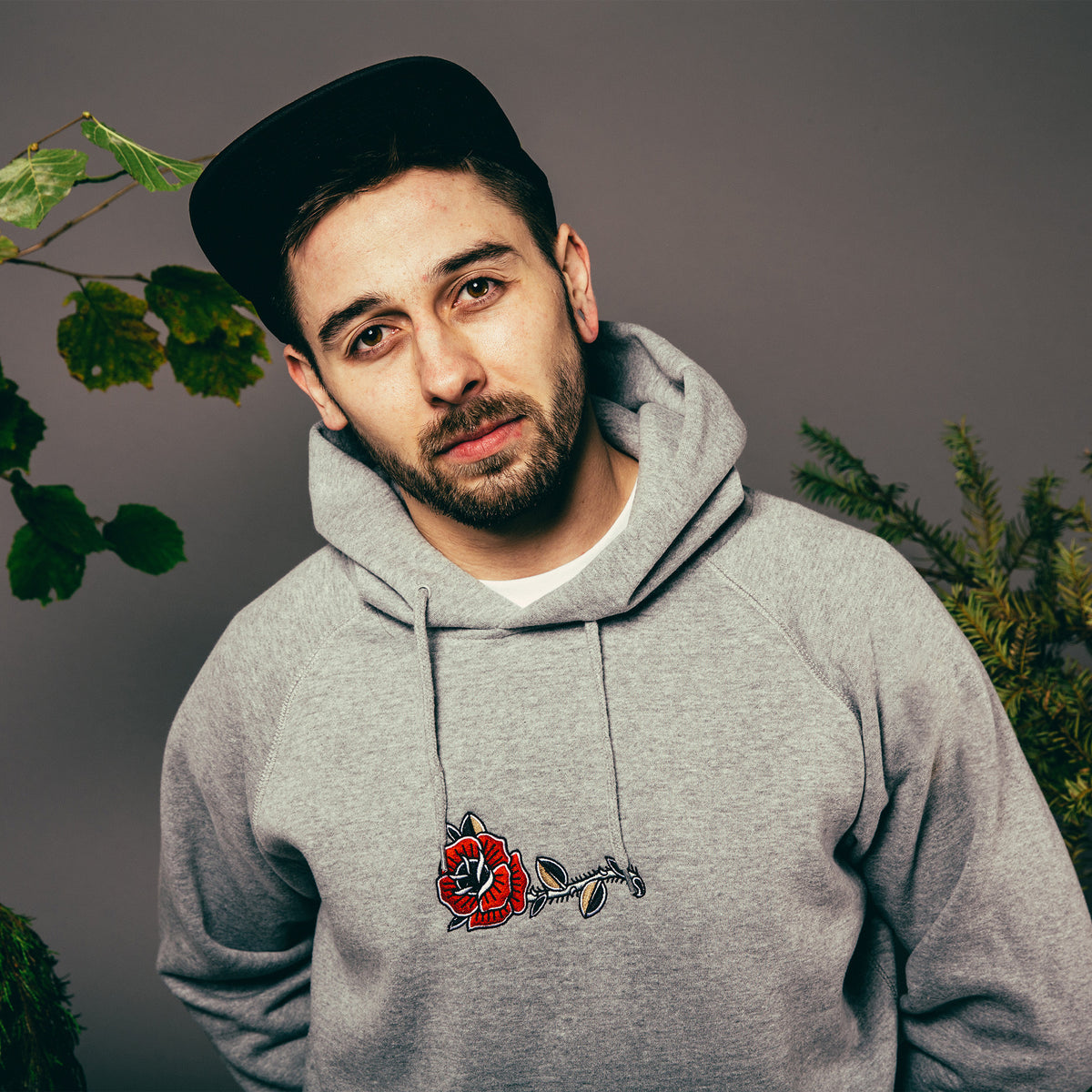 Embroidered Rose Grey Hoodie