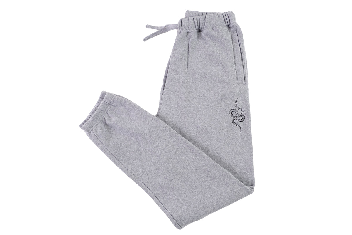 embroidered Snake Joggers Grey - doomsdayco embroidered snake design with pullstring adjustable waist front