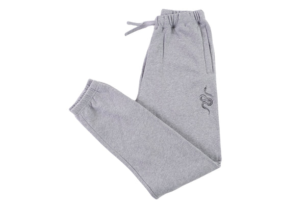 embroidered Snake Joggers Grey - doomsdayco embroidered snake design with pullstring adjustable waist front