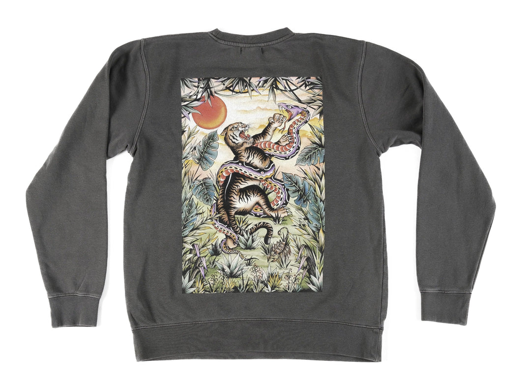 Jungle design printed onto a Charcoal Sweater - doomsdayco Jungle Charcoal Sweater back