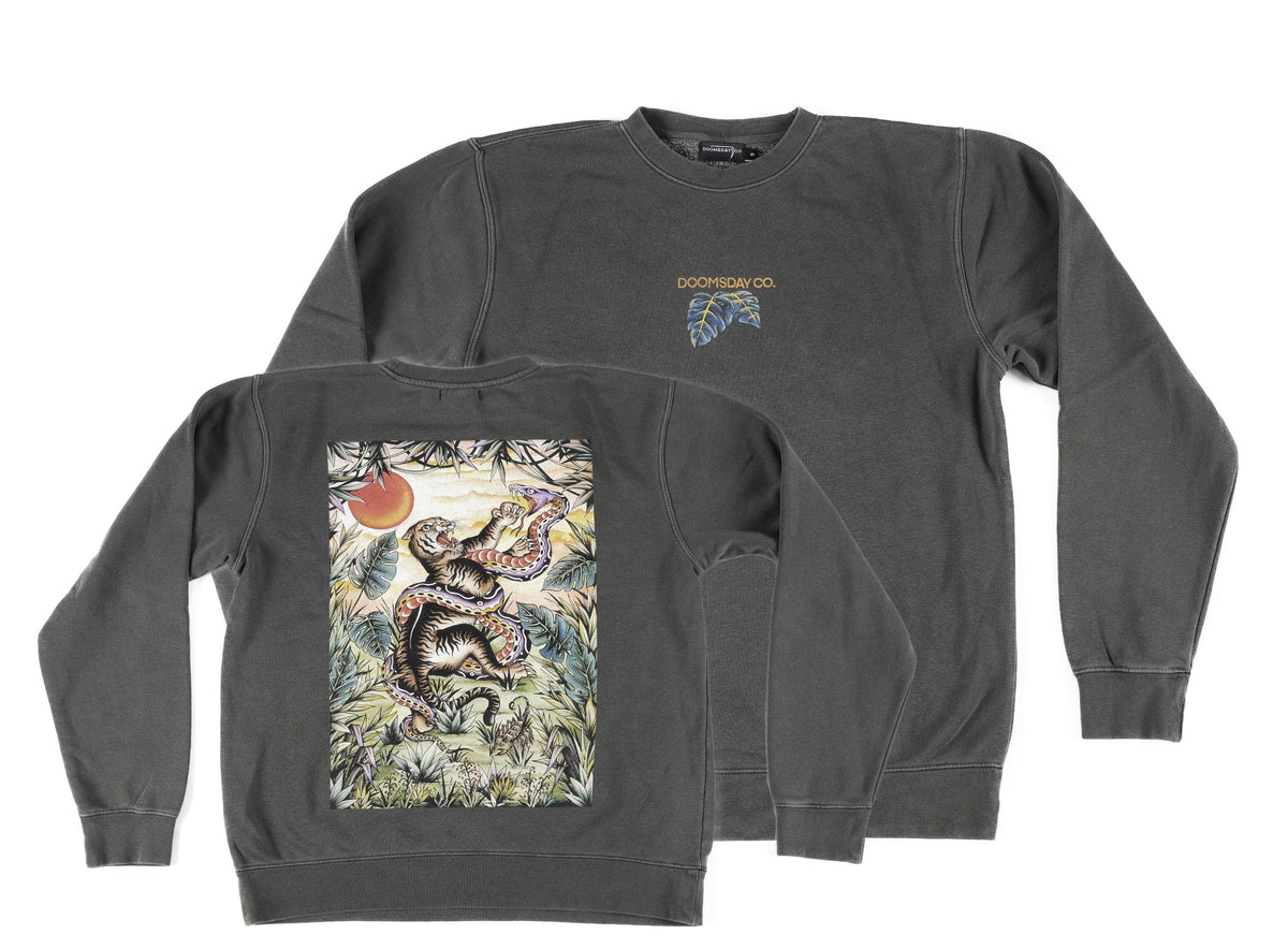 Jungle design printed onto a Charcoal Sweater - doomsdayco Jungle Charcoal Sweater merged