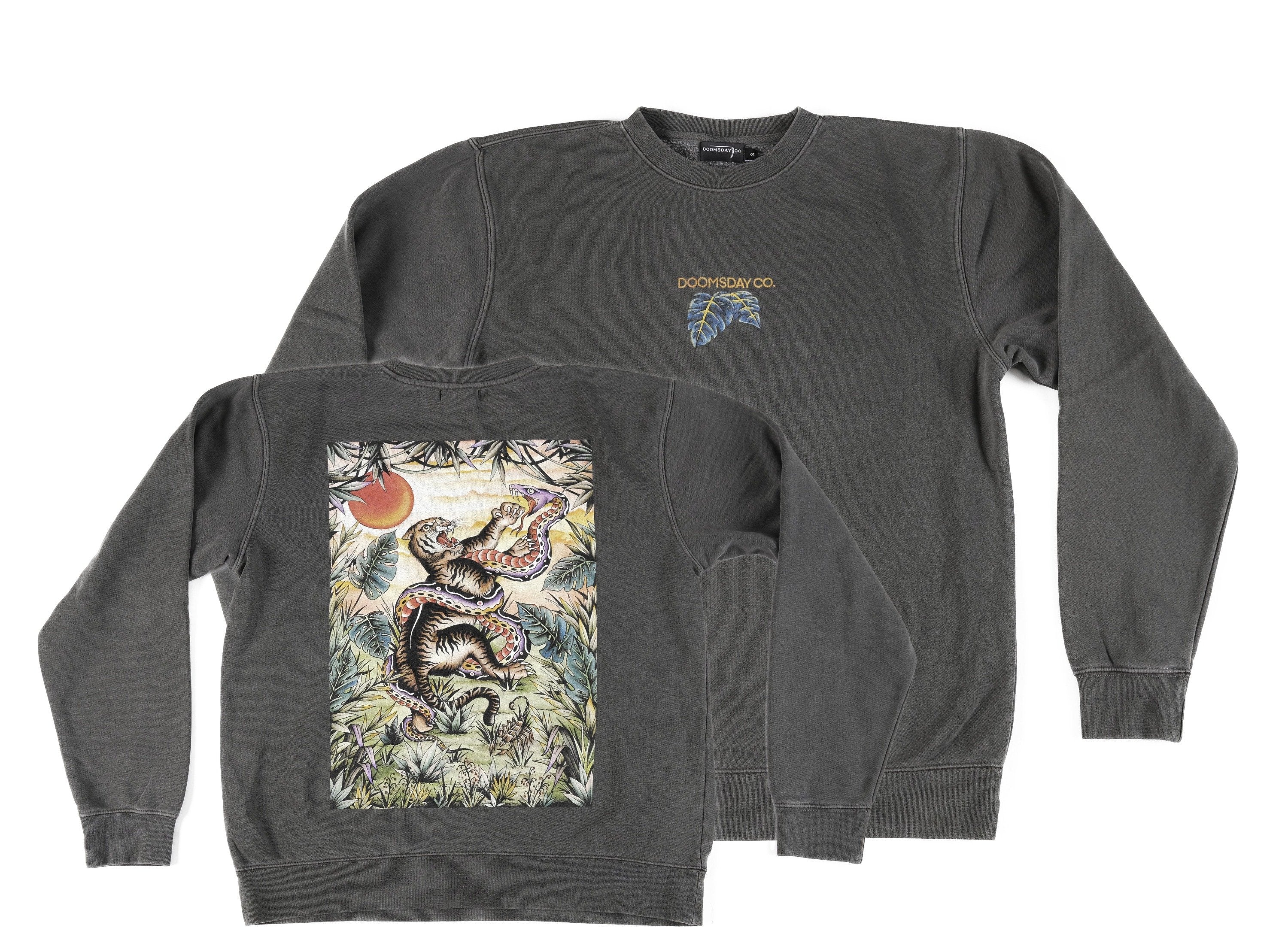 Jungle design printed onto a Charcoal Sweater - doomsdayco Jungle Charcoal Sweater merged