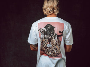 Model wearing Jaguar Play design printed onto a white T-Shirt - doomsdayco Jaguar Play T-Shirt back
