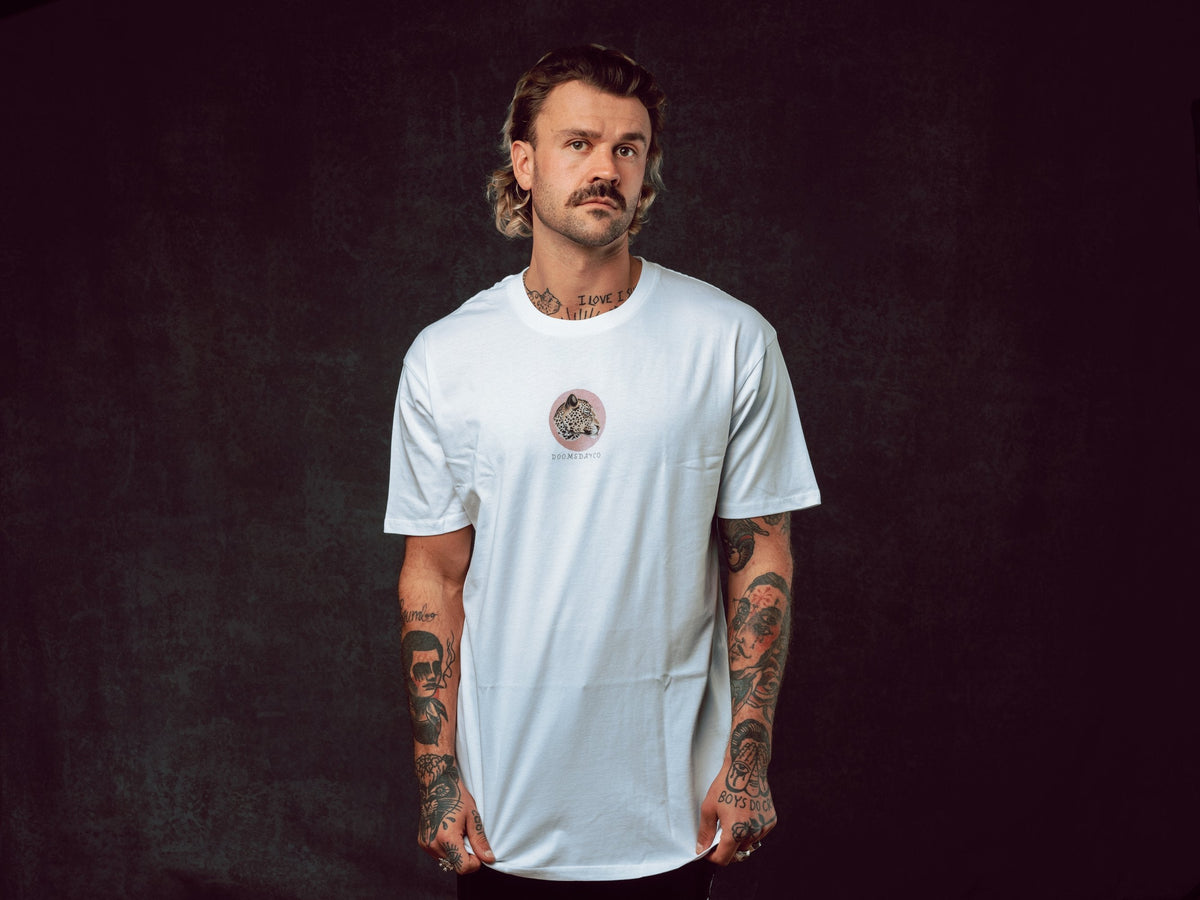 Model wearing Jaguar Play design printed onto a white T-Shirt - doomsdayco Jaguar Play T-Shirt front