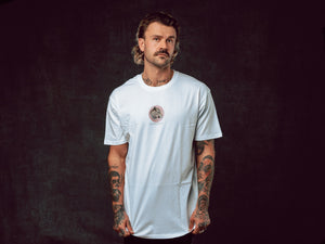 Model wearing Jaguar Play design printed onto a white T-Shirt - doomsdayco Jaguar Play T-Shirt front