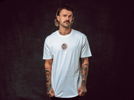 Model wearing Jaguar Play design printed onto a white T-Shirt - doomsdayco Jaguar Play T-Shirt front