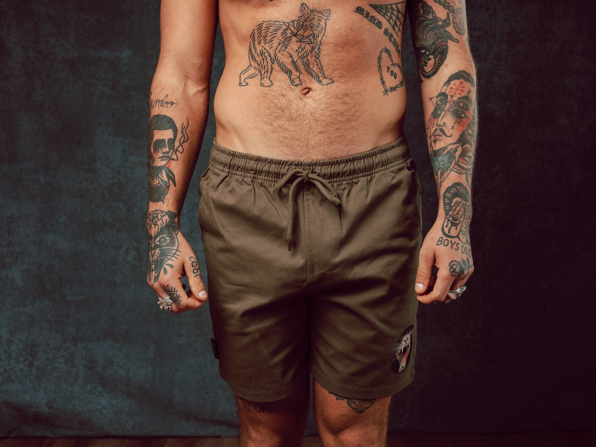 Jaguar design printed onto khaki Walk Shorts - doomsdayco Jaguar Walk Shorts