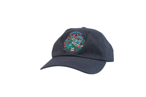 Neon Dragon design embroidered onto the front of a black Black Dad Cap with doomsdayco classic text on the back - doomsdayco Neon Dragon Black Dad Cap