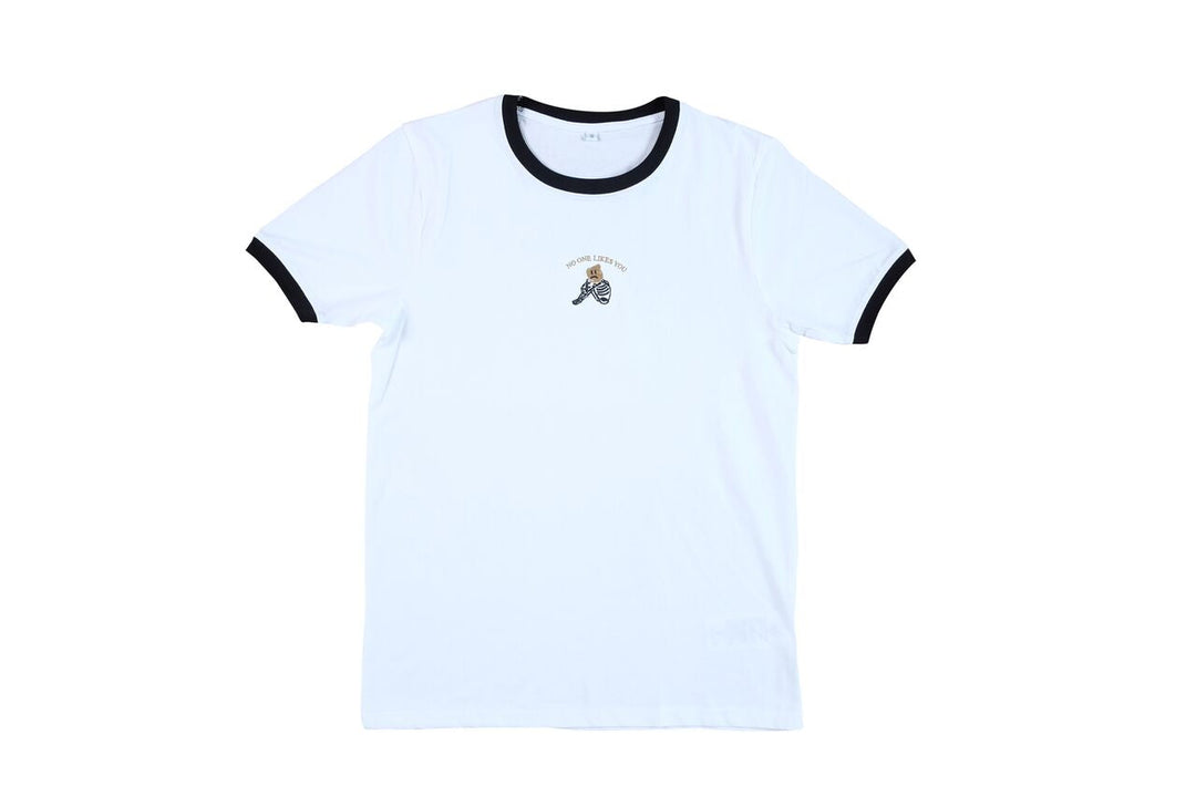 No One Likes You design embroidered onto a white tshirt - doomsdayco No One Likes You white ringer tshirt