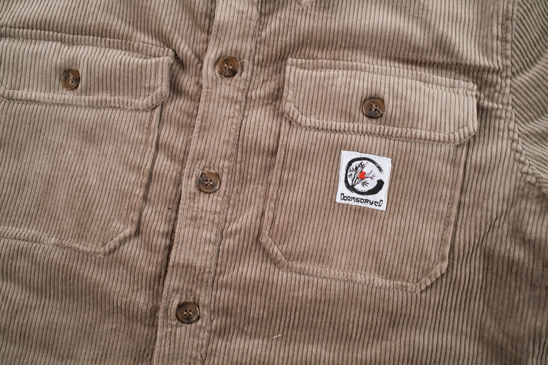Platinum Corduroy Shirt with crane patch on chest pocket - doomsdayco Platinum Corduroy Shirt close up