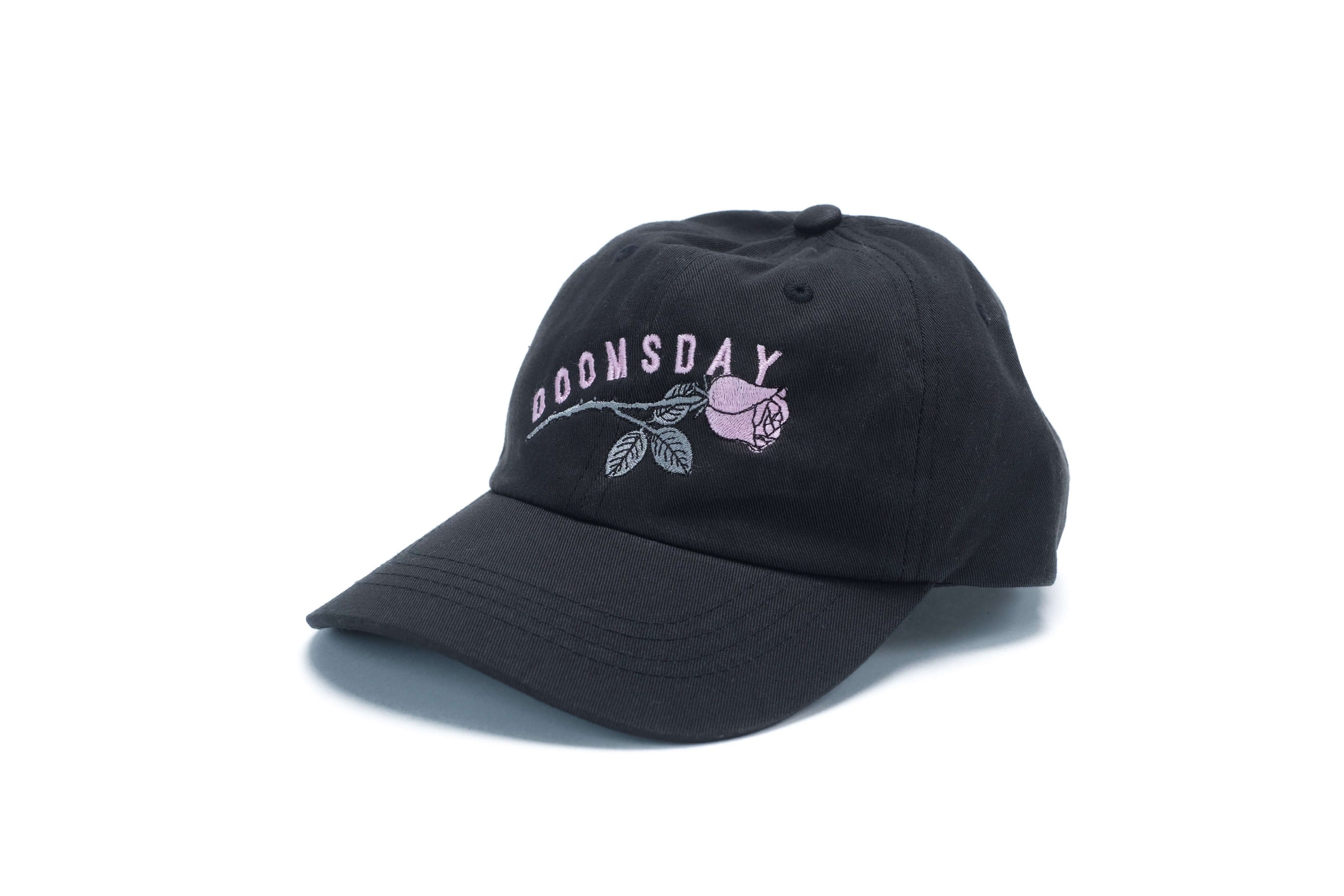 Rose design embroidered onto Black Dad Cap with adjustable size strap on back - doomsdayco Rose Black Dad Cap front