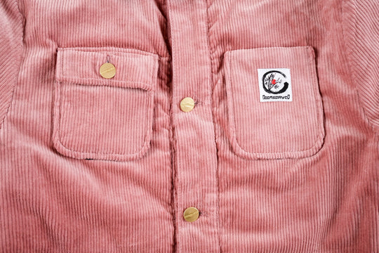 Rose Corduroy button up Jacket with crane patch on chest pocket - doomsdayco Rose Corduroy Jacket close up front