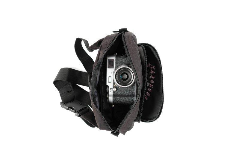 Rose design embroidered onto a Black Fanny Pack with two storage pockets - doomsdayco Rose Black Fanny Pack camera in bag