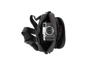 Rose design embroidered onto a Black Fanny Pack with two storage pockets - doomsdayco Rose Black Fanny Pack camera in bag