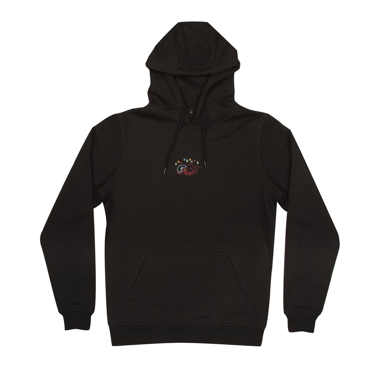 Sad Dreams design embroidered onto a black pullstring Hoodie