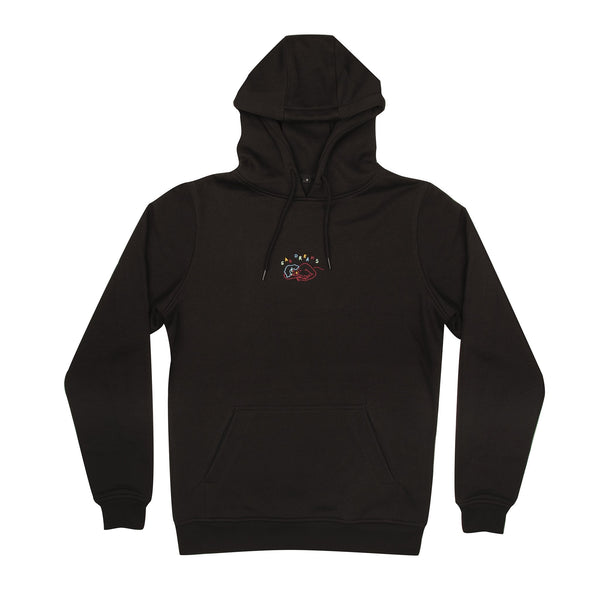 Sad Dreams design embroidered onto a black pullstring Hoodie