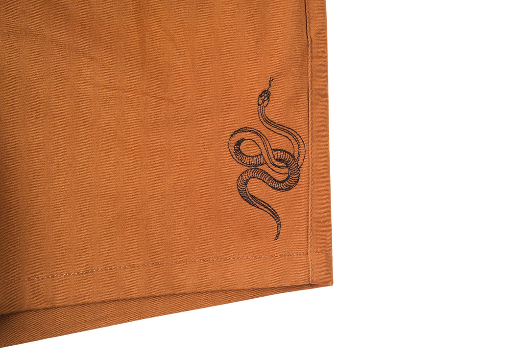 Snake Brown Walk Shorts with pull string waist - doomsdayco Snake Brown Walk Shorts close up