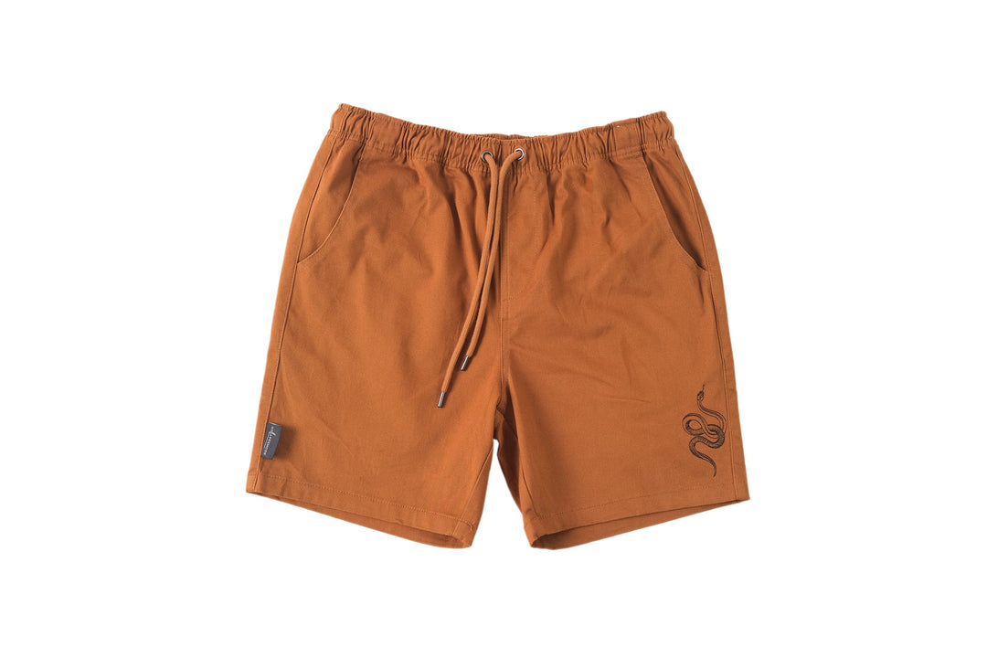 Snake Brown Walk Shorts with pull string waist - doomsdayco Snake Brown Walk Shorts front