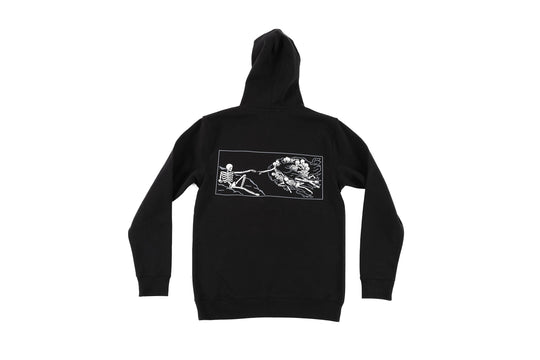 The Creation design on a black hoodie back - doomsdayco creation black hoodie back