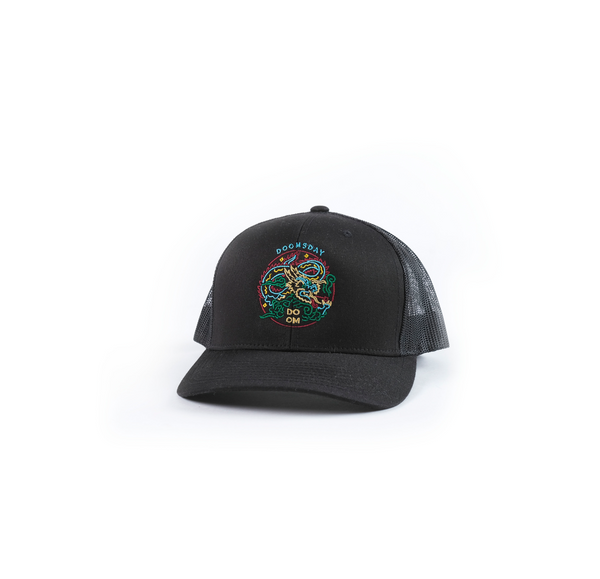 Neon Dragon design embroidered onto a black trucker cap - doomsdayco Neon Dragon Trucker Cap